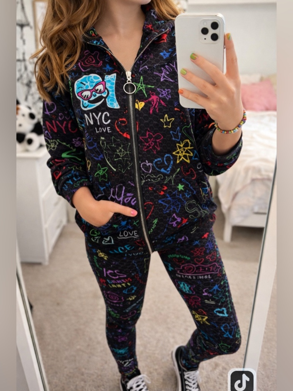 312 NYC Y2K Graphic Tracksuit Set Hoodie Leggings Bubble Textured Stretch Retro
